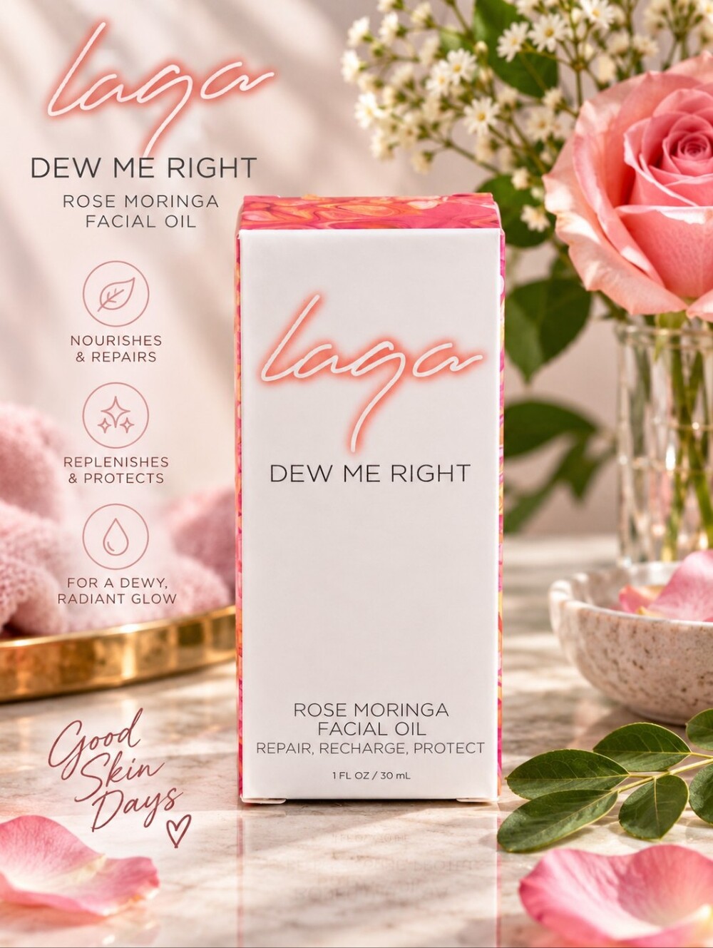 LAQA & Co Dew Me Right Rose Moringa Facial Oil 1 oz NEW
